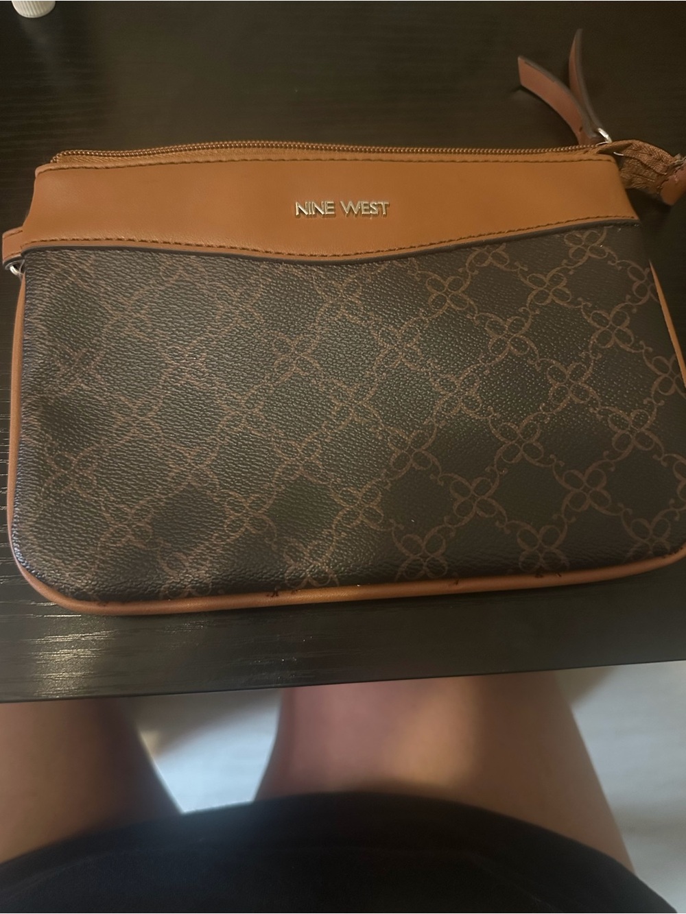 Nine West Brown & Tan Logo-Print Wristlet Clutch